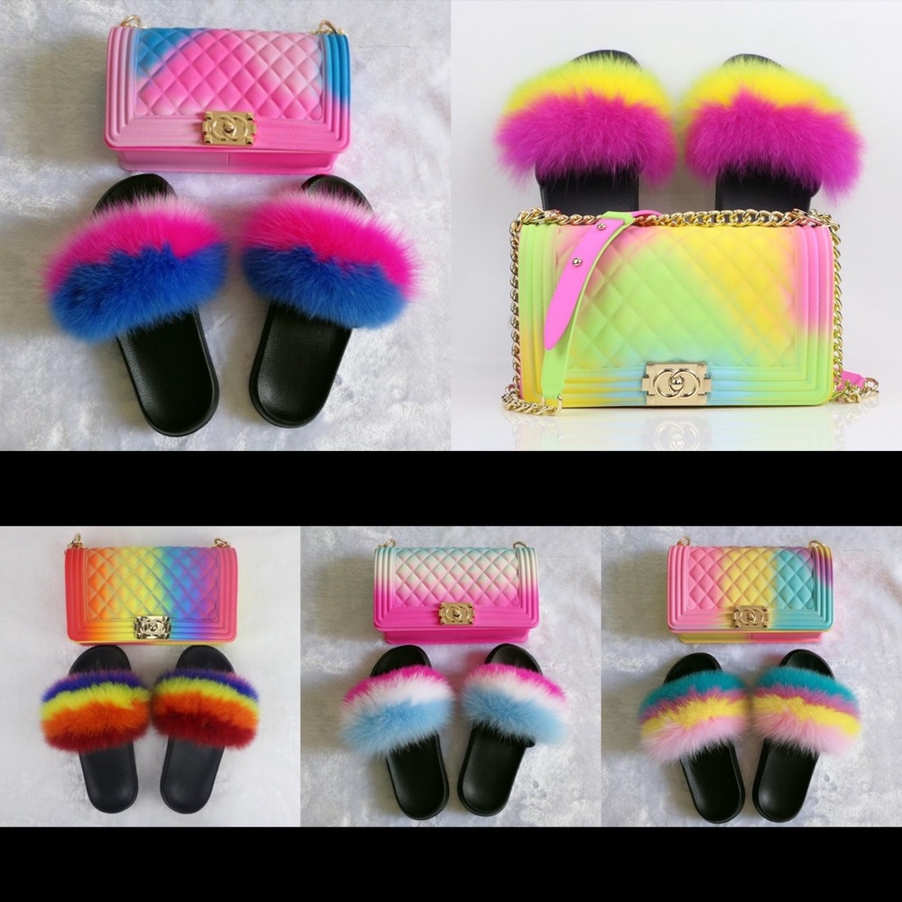 Furry Slides with matching bag
